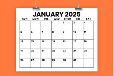 2025 8.5 x 11 Inch Large Number Calendar Template