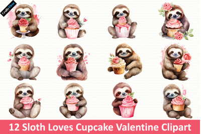 Sloth Loves Cupcake Valentine Clipart