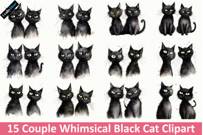 Couple Whimsical Black Cat Clipart