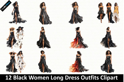 Black Women Long Dress Outfits Clipart