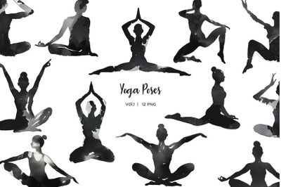 Watercolor yoga poses clipart. Black female yoga silhouette 12 PNG