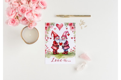 Gnomes in Love, watercolor Valentines Day Card