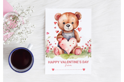 Valentine&#039;s Bear Watercolor Card. Classroom Valentine