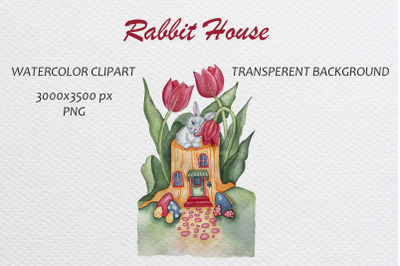 Watercolor Rabbit House Easter Illustration.