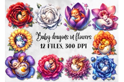 Baby dragons in flowers clipart