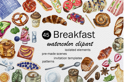 Watercolor Coffee Pastry Bruschetta Clipart And Illustration Set