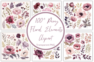 Peony Floral Elements Clipart Pack