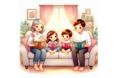 cute cartoon Family reading fairy tales