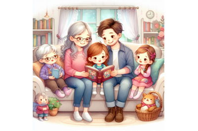 cute cartoon Family reading fairy tales