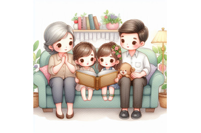 cute cartoon Family reading fairy tales