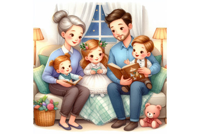 cute cartoon Family reading fairy tales