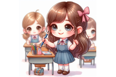 Cute girl student giving for friend