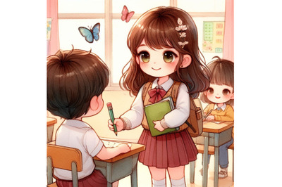 Cute girl student giving for friend