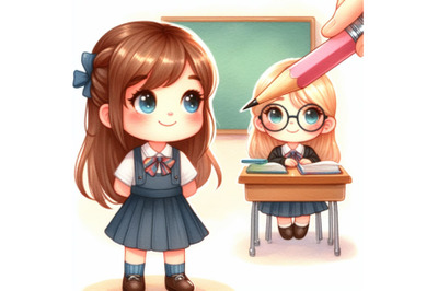 Cute girl student giving for friend