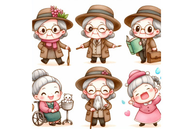 old woman cartoon character set