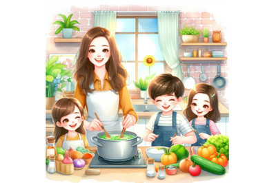 mom and children cooking in kitchen