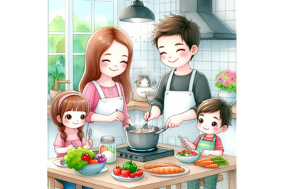 mom and children cooking in kitchen