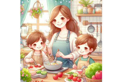 mom and children cooking in kitchen