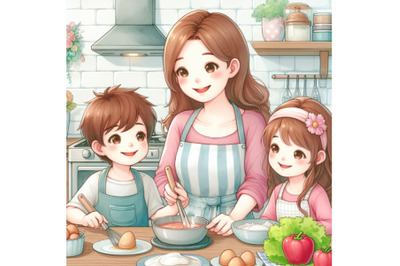 mom and children cooking in kitchen