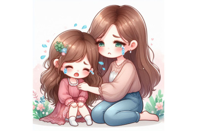 Cute girl crying and Her Mom Comforting Upset