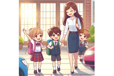 Happy kids go to school