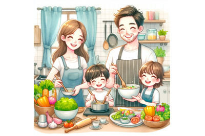 dad ,mom ,daughter, son enjoys cooking