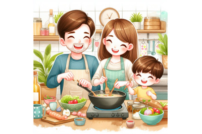 dad ,mom ,daughter, son enjoys cooking