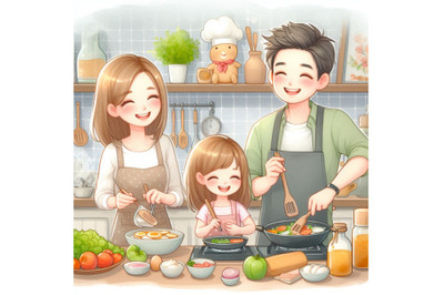 dad ,mom ,daughter, son enjoys cooking