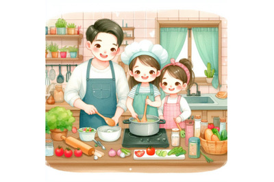 dad ,mom ,daughter, son enjoys cooking