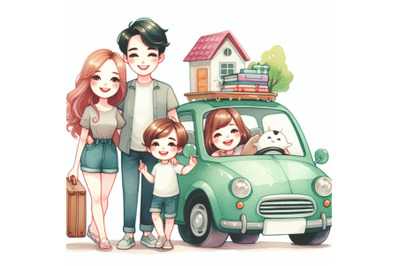 cartoon Cute Family and car