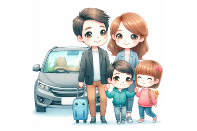 cartoon Cute Family and car