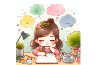 Cute girl writing and thinking be happy