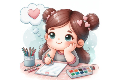 Cute girl writing and thinking be happy