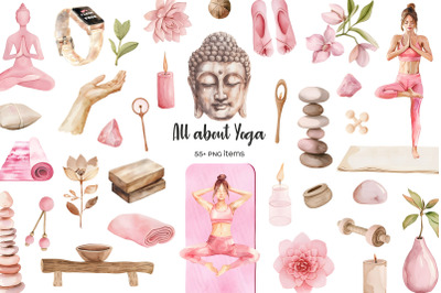 Watercolor yoga clipart. Pink and beige yoga equipment. Female yoga