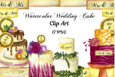Watercolor wedding cakes clipart set. Birthday cakes clipart.