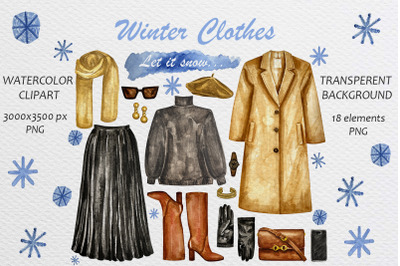 Watercolor Hand Drawn Winter Clothes PNG Clipart Set