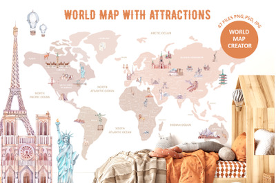 World map with attractions