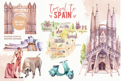 Travel to Spain. Watercolor clipart
