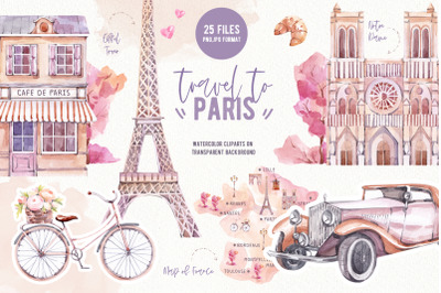 Travel to Paris. Watercolor Clipart