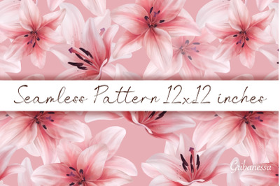 Pink lily flowers seamless pattern