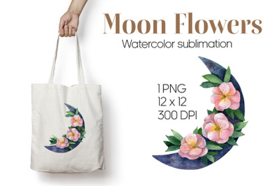 Watercolor crescent moon flowers sublimation PNG