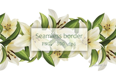 Lily garland clipart | Seamless border with lilies flowers PNG