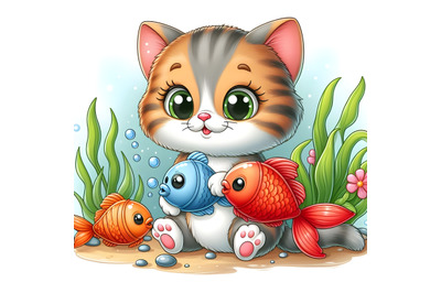 Cartoon little kitten with fish