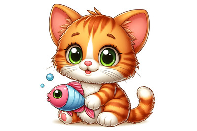 Cartoon little kitten with fish