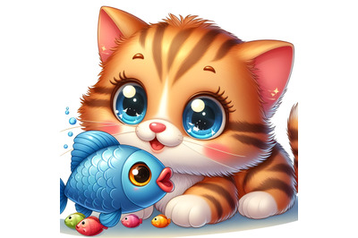 Cartoon little kitten with fish