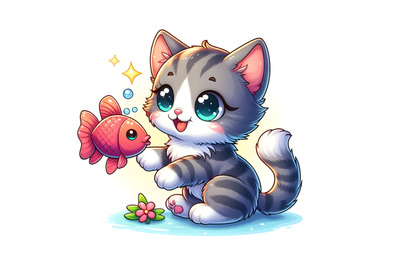 Cartoon little kitten with fish