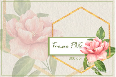 Gold frame PNG | Geometric frame with pink flower
