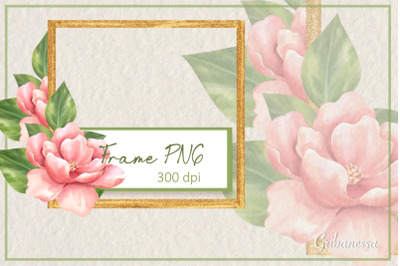 Gold frame PNG | Square frame with pink flower