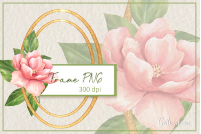 Gold frame PNG | Oval frame with pink flower