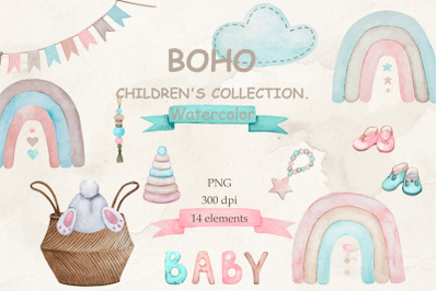 BOHO. CHILDRENS COLLECTION. WATERCOLOR CLIPARTS.